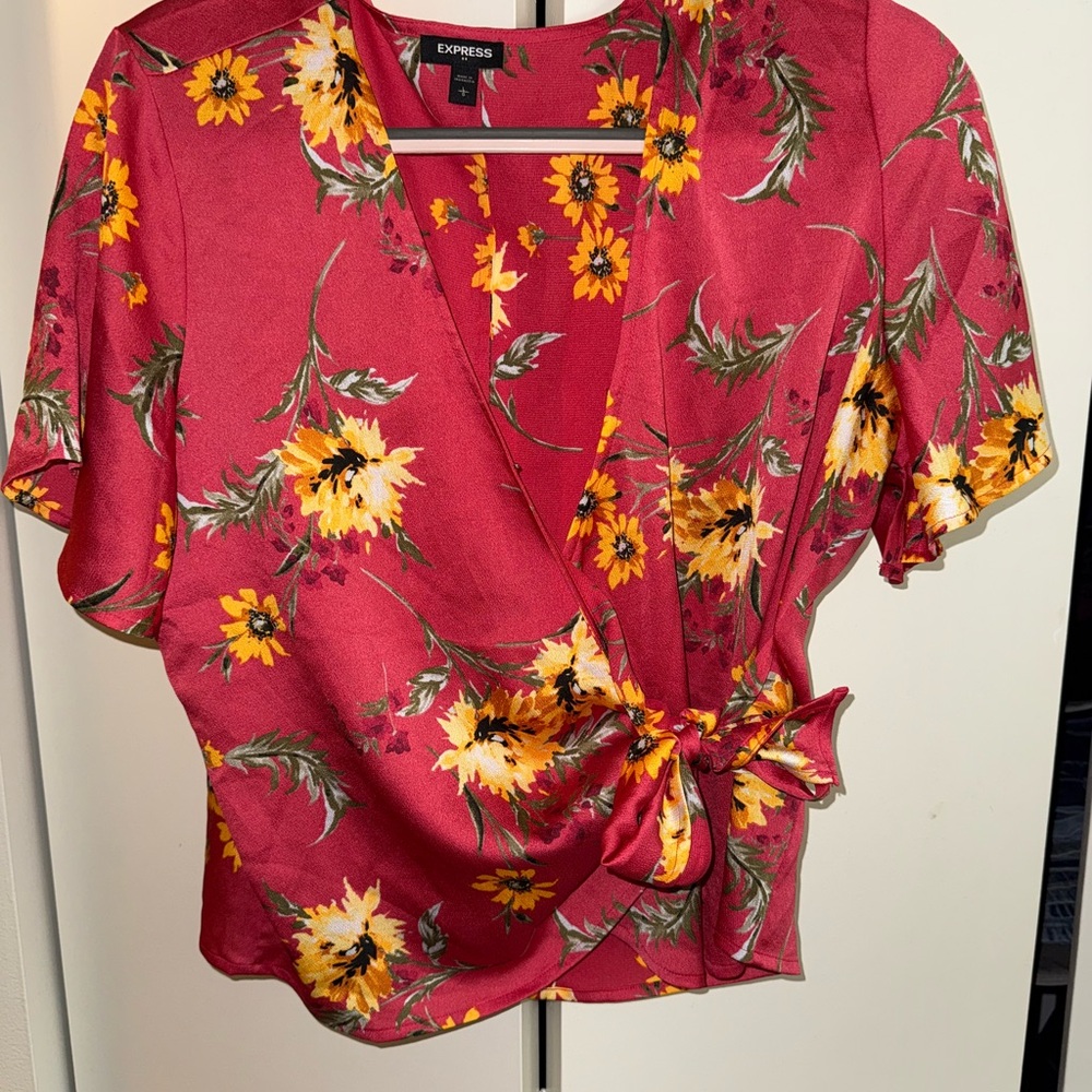 Express Women's Burgundy Floral Wrap Blouse